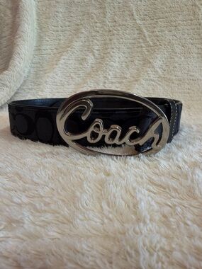 Coach Black Signature Canvas Belt with Silver Script Buckle